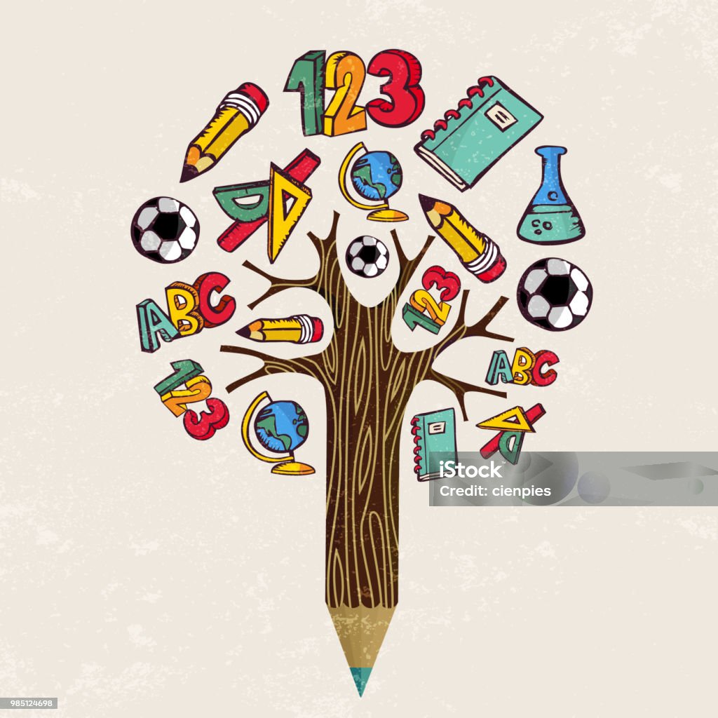 Education pencil tree concept for school learning Education pencil tree concept. Class subject icons for back to school design or educational children illustration. EPS10 vector. Junior High stock vector