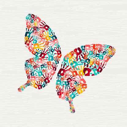 Human hand print butterfly shape concept. Colorful paint handprint background for diverse community or social project. EPS10 vector.