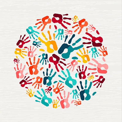 Human hand print shape concept. Colorful paint handprint background for diverse community or social project. EPS10 vector.