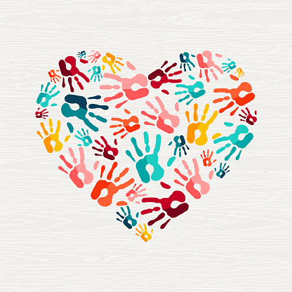 Human hand print heart shape concept. Colorful paint handprint background for love or social project. EPS10 vector.