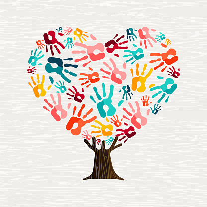 Tree made of colorful human hands in heart shape. Community help concept or social project. EPS10 vector.