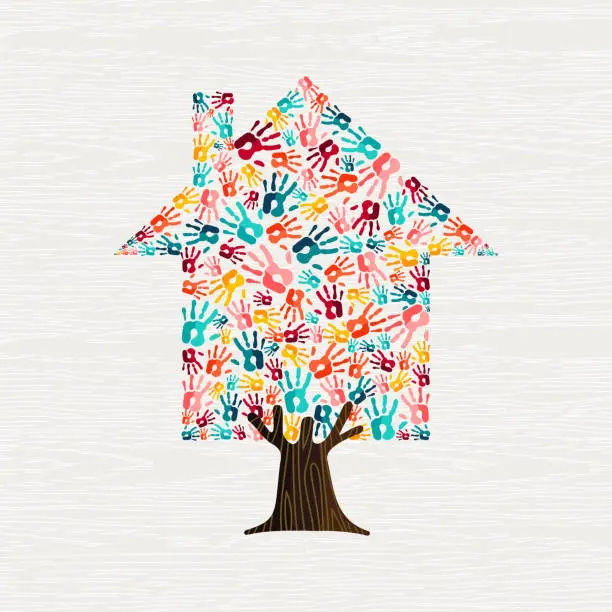 Vector illustration of Hand tree house concept for community home