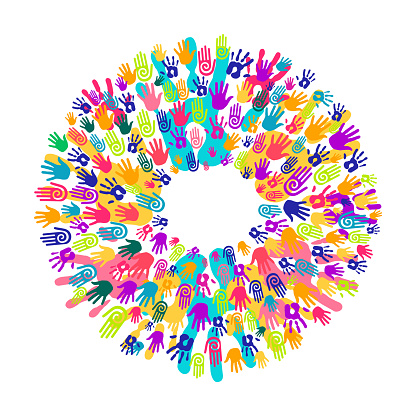 Colorful human hand print mandala. Community team concept illustration for culture diversity or teamwork project. EPS10 vector.