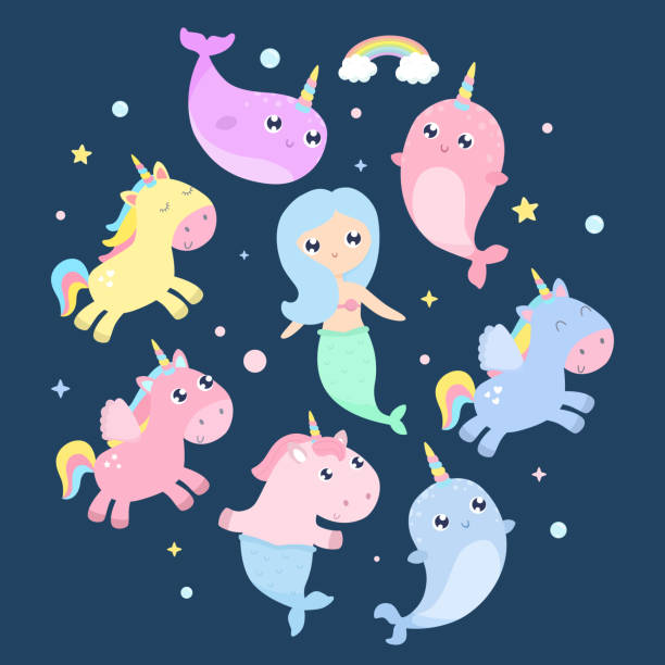 Magical creatures. Narwhal, unicorn mermaid,sea animals vector illustration Flat design rainbow crab stock illustrations