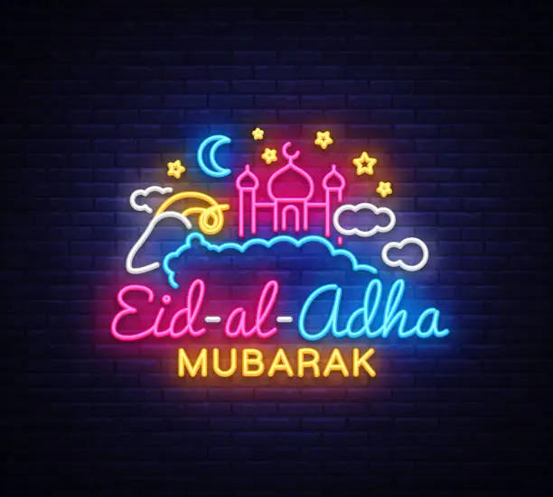 Vector illustration of Muslim holiday Eid al-Adha holiday vector illustration. Eid al-Adha Mubarak neon sign design template, modern trend design, light banner. Graphic design decoration Kurban Bayram. Vector Illustration