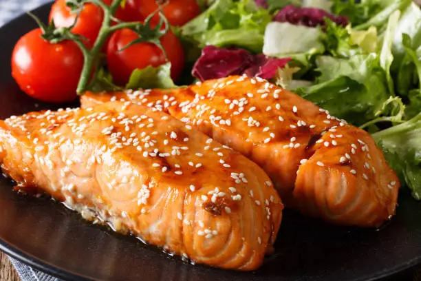 Glazed salmon fillet with sesame close-up on a plate. horizontal