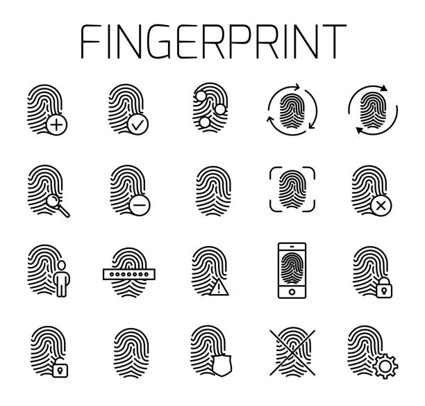 지문 관련된 벡터 아이콘 설정합니다. - fingerprint thumbprint human finger track stock illustrations