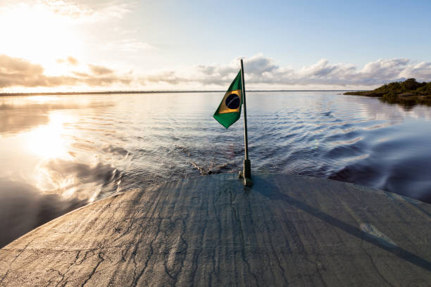 Amazonas , Brazil. View of the backside of a traditional boat with flag of Brazil in the Negro River during the flood season and the Amazon rainforest in the background at the sunset. Boat trips through the Amazonian rivers can last for several days. rio negro brazil stock pictures, royalty-free photos & images