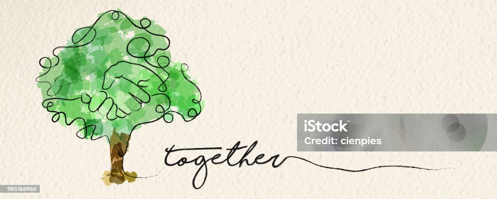 Watercolor hand tree web banner concept Togetherness concept web banner with watercolor continuous line illustration of hand inside a tree. EPS10 vector. Growth stock vector