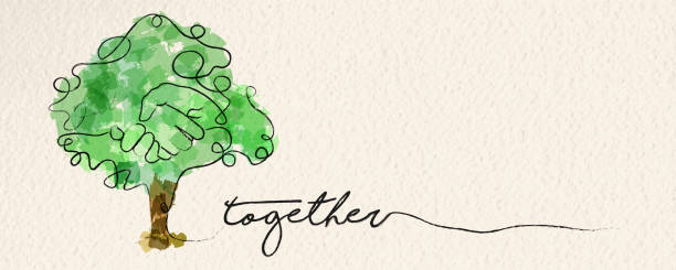 Watercolor hand tree web banner concept Togetherness concept web banner with watercolor continuous line illustration of hand inside a tree. EPS10 vector. togetherness stock illustrations