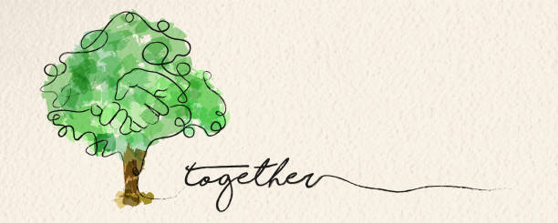 Watercolor hand tree web banner concept Togetherness concept web banner with watercolor continuous line illustration of hand inside a tree. EPS10 vector. growth concept stock illustrations