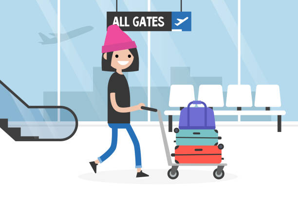 空港。若い観光客が荷物カートを転がします。荷物のトロリー。旅行。観光。フライト。フラット編集可能なベクトル イラスト、クリップアート - luggage cart点のイラスト素材／クリップアート素材／マンガ素材／アイコン素材