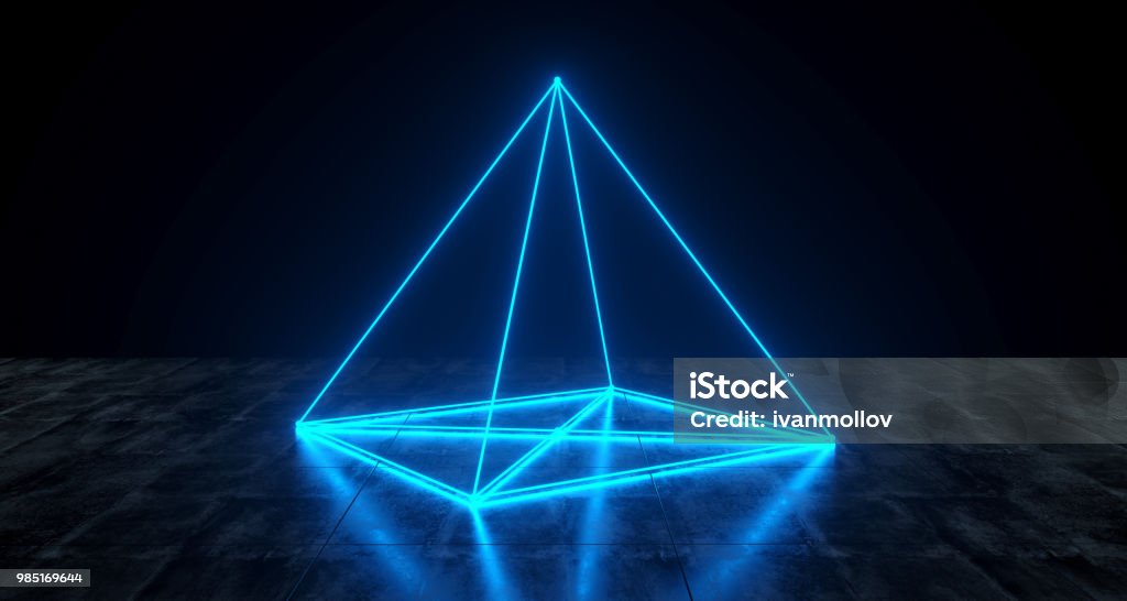 Geometric Futuristic Sci-fi Neon Primitive Pyramid Light On Dark Grunge Concrete Surface 3D Rendering Geometric Futuristic Sci-fi Neon Primitive Pyramid Light On Dark Grunge Concrete Surface 3D Rendering Illustration Prism Stock Photo