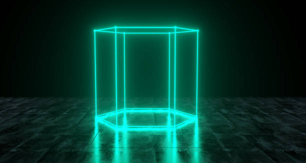 istock Geometric Futuristic Sci-fi Neon Primitive Hexagon Cylinder Light On Dark Grunge Concrete Surface 3D Rendering 985169948