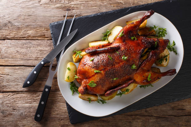 Beautiful food: baked whole duck with apples close-up on a platter. horizontal top view