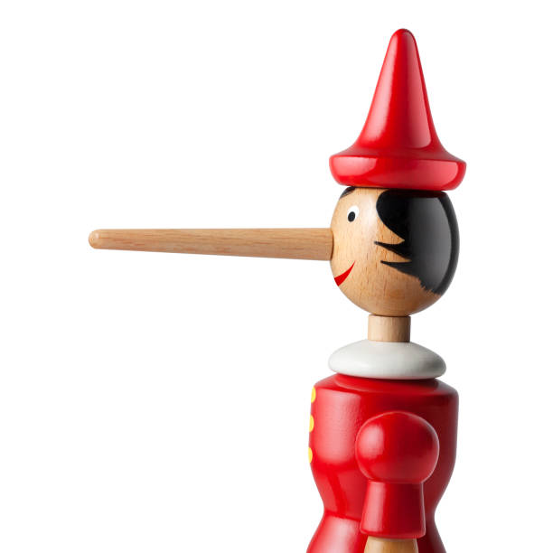 istock Lie. Pinocchio with a long nose on white background. 985173782