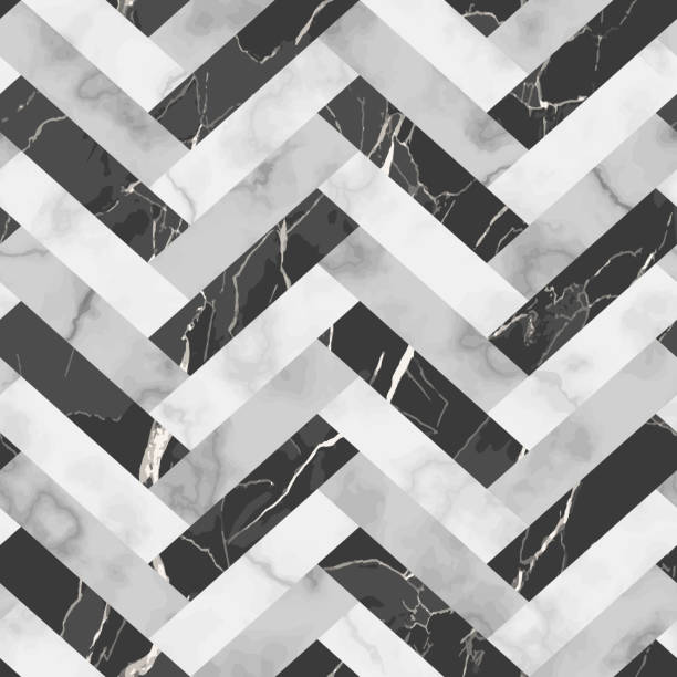 Marble Luxury Herringbone Seamless Pattern Vector white and black herringbone marble seamless pattern. Repeat diagonal rhombus marbling surface, modern luxurious chessboard background, luxury wallpaper, textile print, parquet and tile. marble tile colors stock illustrations