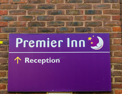 London. June 2018. A view of a sign for Premier Inn in the city of London