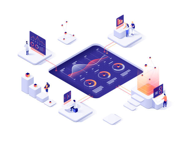 ilustraciones, imágenes clip art, dibujos animados e iconos de stock de personas interactuar con gráficos y análisis de estadísticas. concepto de visualización de datos. ilustración de vector isométrica 3d. - proyección isométrica