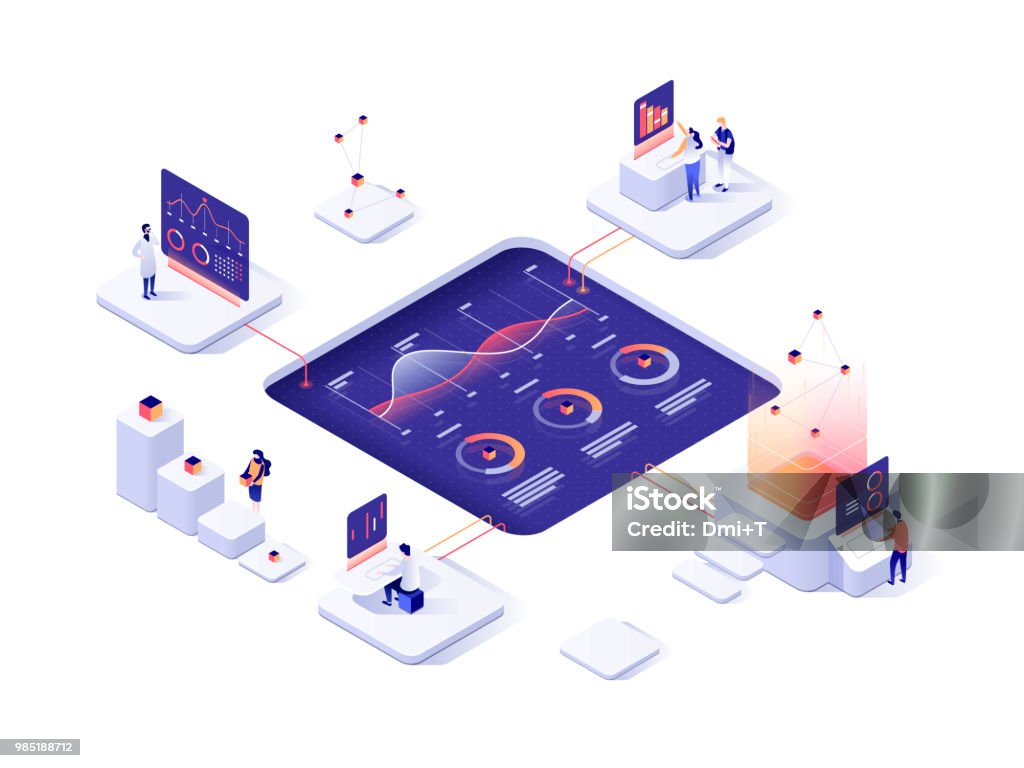 People interacting with charts and analysing statistics. Data visualisation concept. 3d isometric vector illustration. People interacting with charts and analysing statistics. Data visualisation concept. 3d isometric illustration. Isometric Projection stock vector