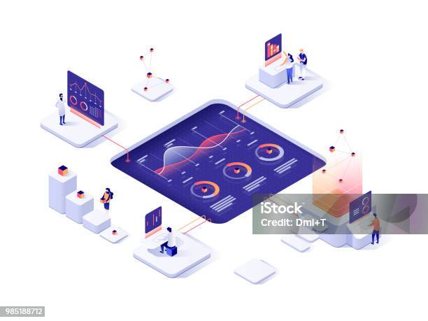 People Interacting With Charts And Analysing Statistics Data Visualisation Concept 3d Isometric Vector Illustration Stock Illustration - Download Image Now