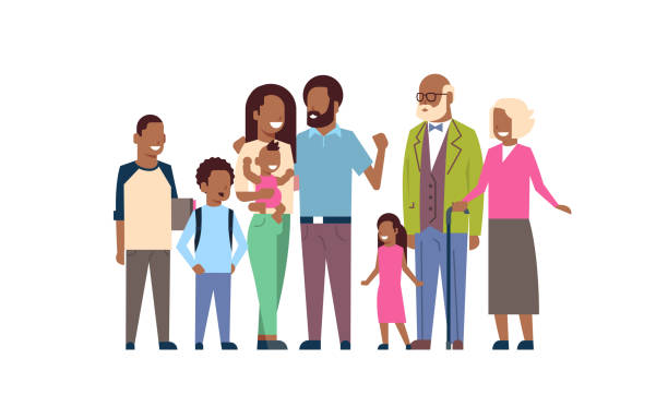 african grandparents parents children grandchildren, multi generation family, full length avatar on white background, happy family together concept, tree of genus flat cartoon african grandparents parents children grandchildren, multi generation family, full length avatar on white background, happy family together concept, tree of genus flat cartoon vector illustration black family home stock illustrations