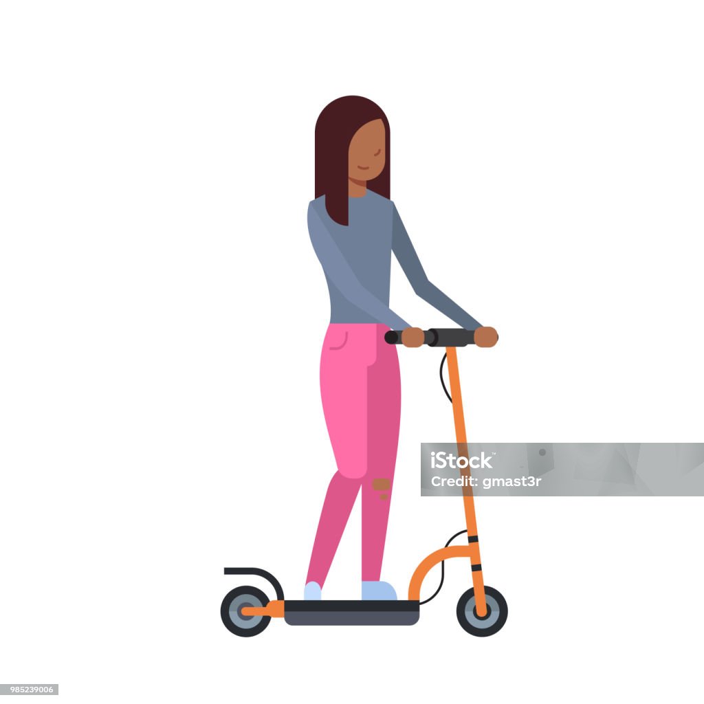 african girl riding electric kick scooter over white background. cartoon full length character. flat style african girl riding electric kick scooter over white background. cartoon full length character. flat style vector illustration Motor Scooter stock vector