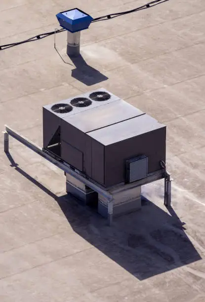 Photo of The external unit of the commercial air conditioning and ventilation systems are installed on the roof of an industrial building