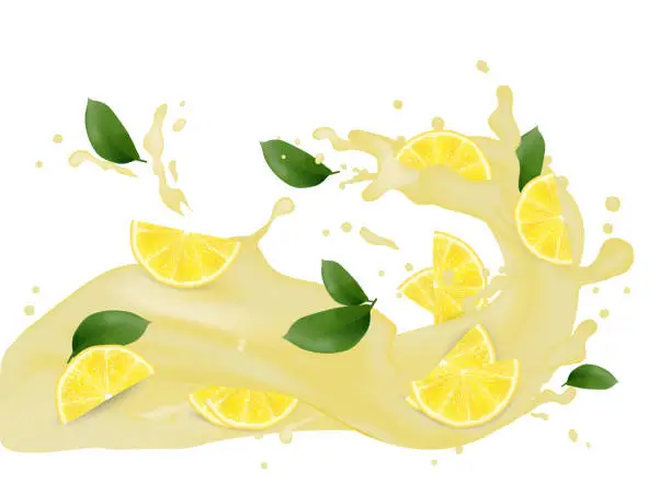 Vector illustration of Juice splash 3d illustration with slices of lemon. Cream pouring wave yogurt packaging template. Realistic organic leaves healthy fruit  product. Vector