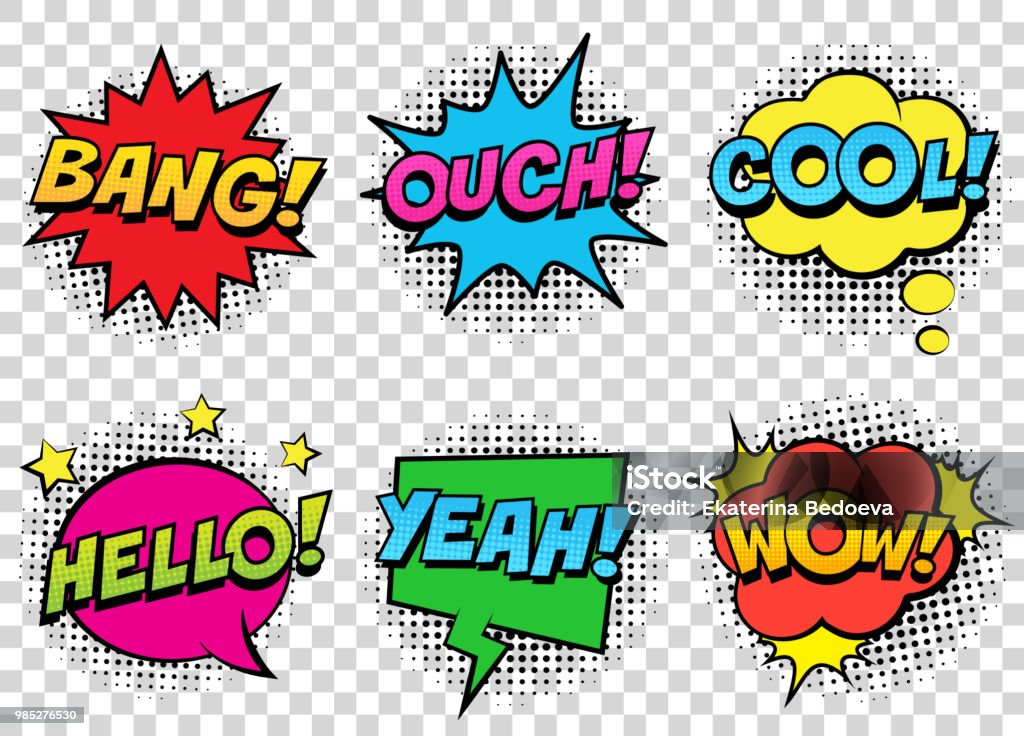 Retro comic speech bubbles set on transparent background. Expression text BANG, COOL, OUCH, HELLO, YEAH, WOW. Vector illustration, vintage design, pop art style. Comic Book stock vector