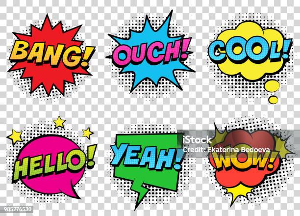 Retro Comic Speech Bubbles Set On Transparent Background Expression Text Bang Cool Ouch Hello Yeah Wow Stock Illustration - Download Image Now