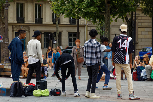 Paris - July 31, 2017: Young dancers entertaining the public at Dancers on Place de Hotel de Ville in Paris.