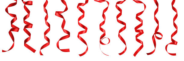istock Red satin ribbon scroll set isolated on white background with clipping path for Christmas and wedding card design decoration element 985347064