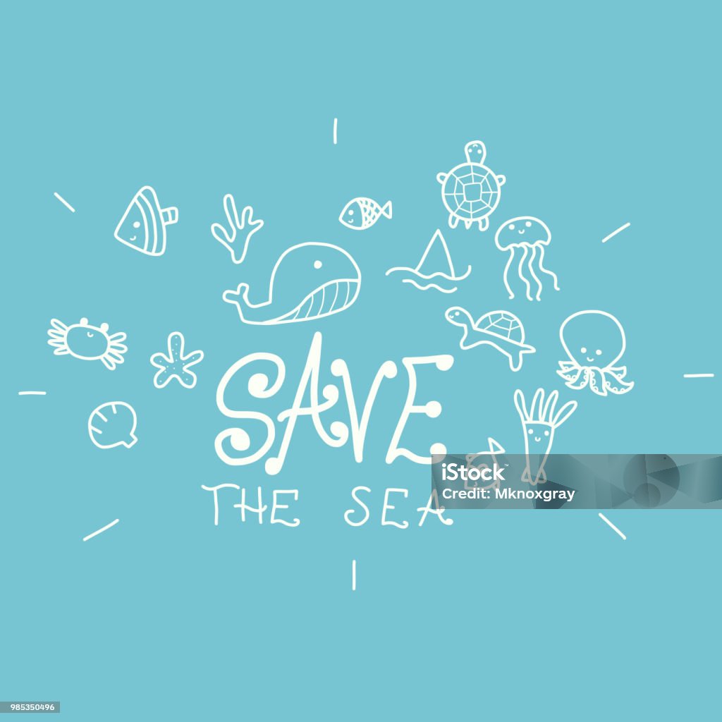 Save the sea word and cartoon doodle vector Illustration Doodle stock vector