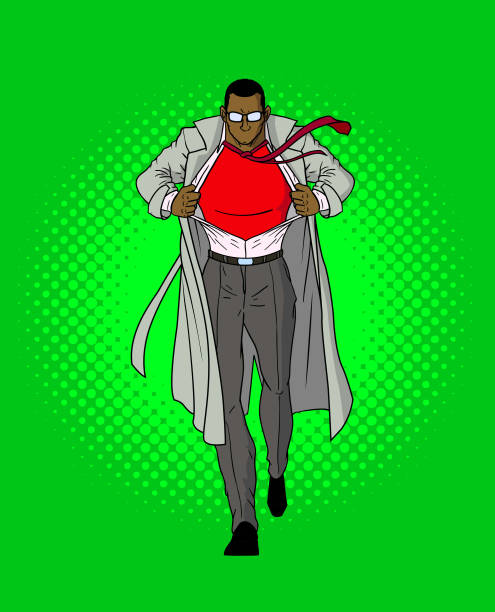 illustrazioni stock, clip art, cartoni animati e icone di tendenza di vector retro comic book style trasformazione supereroe afroamericana - art coat full length