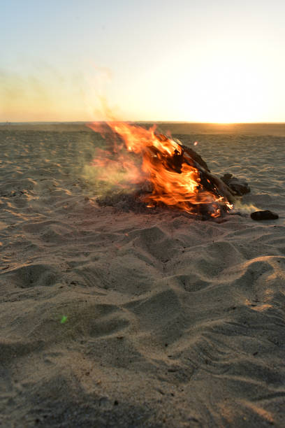 istock flaming driftwood fire on ocean beach at dusk 985358218