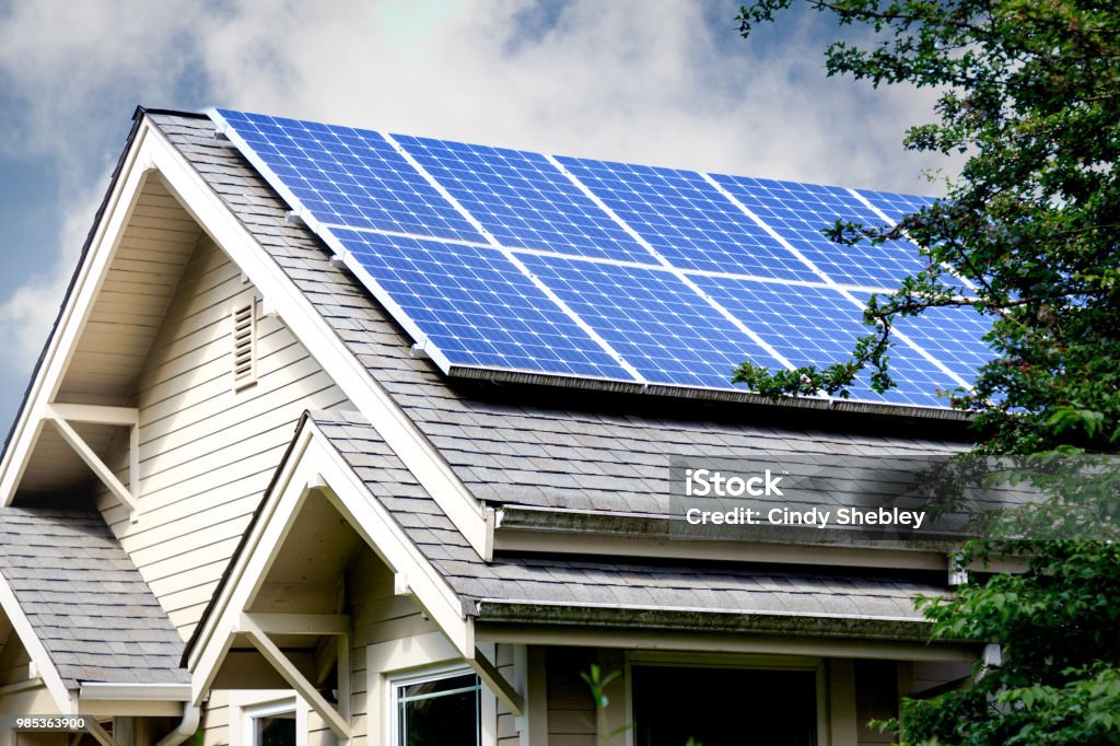 Solar Panels on Roof of Home Solar Panel Stock Photo