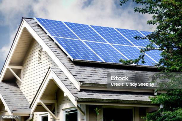 Solar Panels On Roof Of Home Stock Photo - Download Image Now - Solar Panel, Solar Energy, Solar Power Station