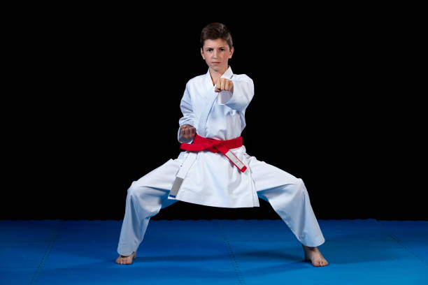 istock Young boy dressed in a white karate kimono with red belt. 985370882