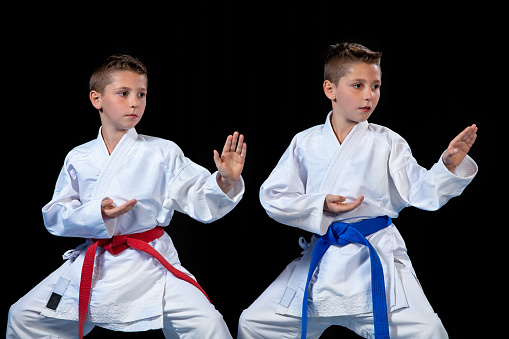 two boys training karate kata exercises at test qualification.