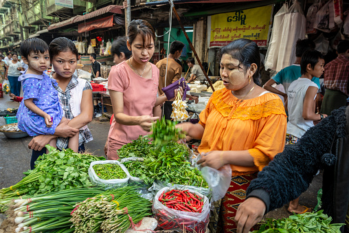 Yangon, Myanmar - February 6, 2014 Female market vendor with thanaka on her cheeks sells fresh herbs to a customer at Yangon downtown market, Myanmar. On the market table lie bunches of coriander, scallion, and red and green chili peppers. A young woman carries a girl.