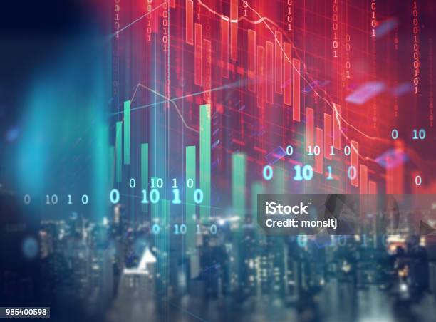 Double Exposure Image Of Stock Market Investment Graph And City Skyline Scene Stock Photo - Download Image Now