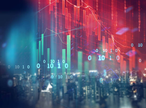 double exposure image of stock market investment graph and city skyline scene. - analytical instruments imagens e fotografias de stock