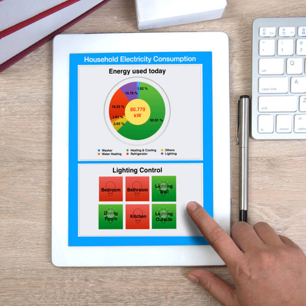 istock Using of energy consumption application for home show on digital tablet display. 985404002