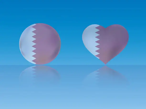 Vector illustration of Qatar flag in glossy ball and heart with reflection on blue background vector illustration