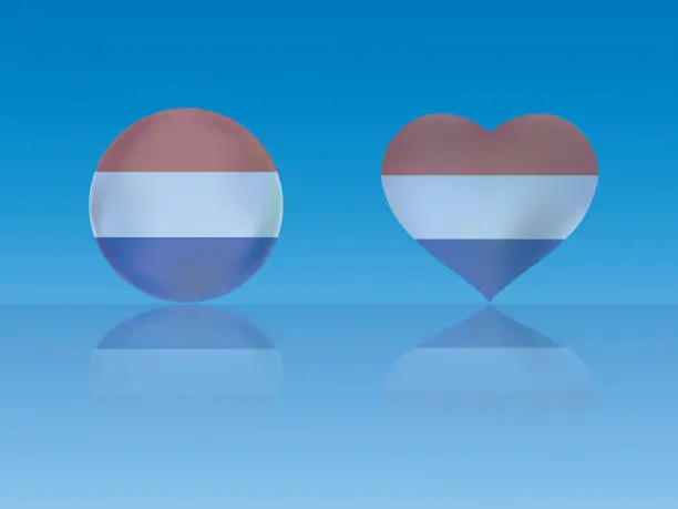 Vector illustration of Netherlands flag in glossy ball and heart with reflection on blue background vector illustration