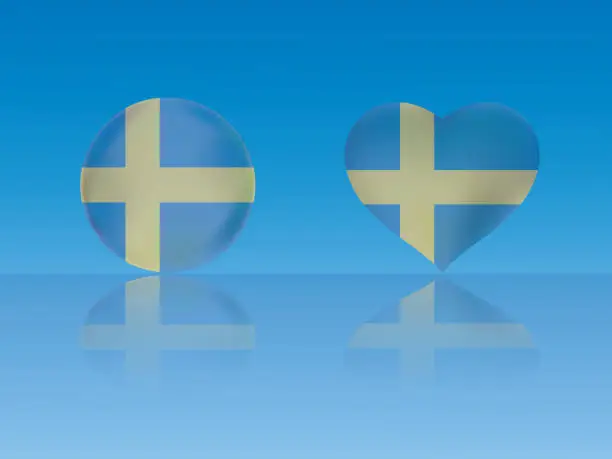 Vector illustration of Sweden flag in glossy ball and heart with reflection on blue background vector illustration