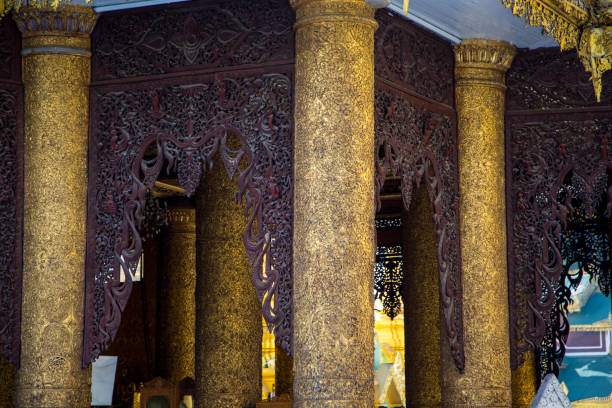 Detail of the elaborate architecture of a temple at the Shwedagon Pagoda complex in Yangon.