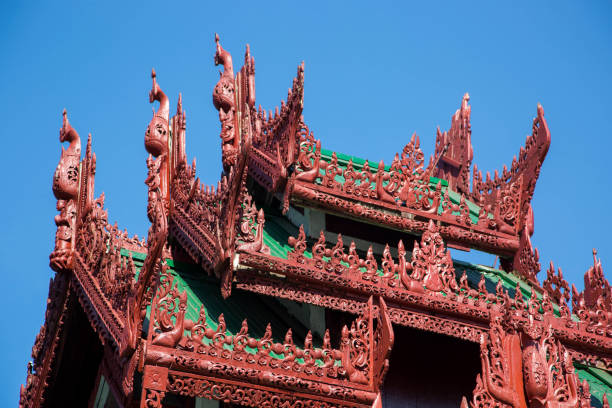 Detail of the elaborate architecture of a temple at the Shwedagon Pagoda complex in Yangon.