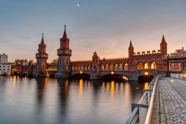 Lovely sunset at the Oberaumbridge and the river Spree seen in Berlin, Germany